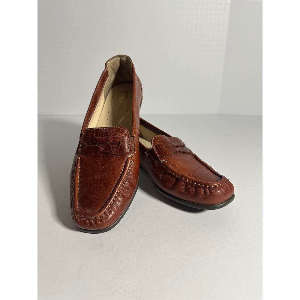 SAS Womens Penny Loafers Brown Leather Moc Toe Slip On Flats Made in USA